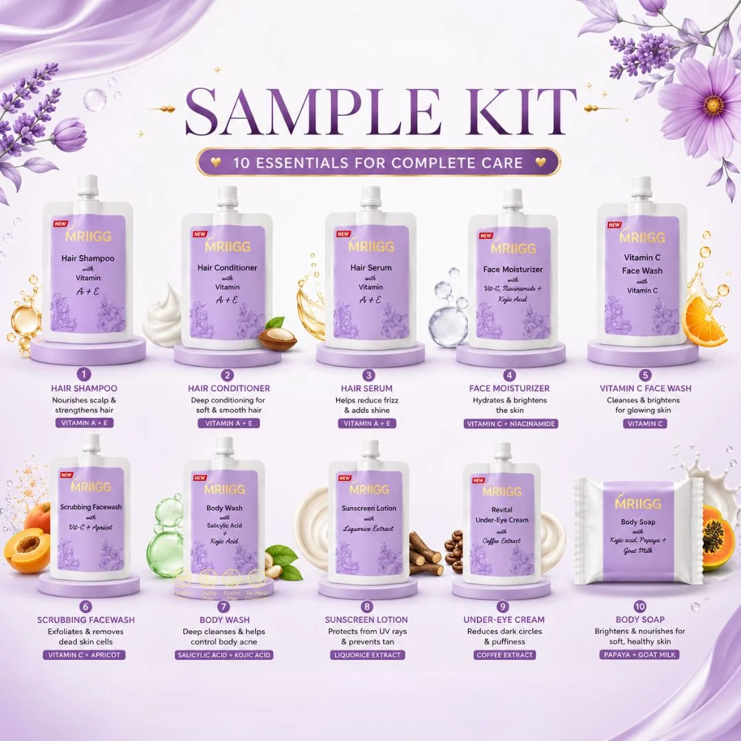MRIIGG Hair Care, Skin Care & Body Care Sample Kit | 10-Piece Trial Pack | Includes Hair Shampoo, Conditioner, Hair Oil, Face Wash, Sunscreen, Moisturizer, Body Wash, Soap & Under Eye Cream | 9ml Each