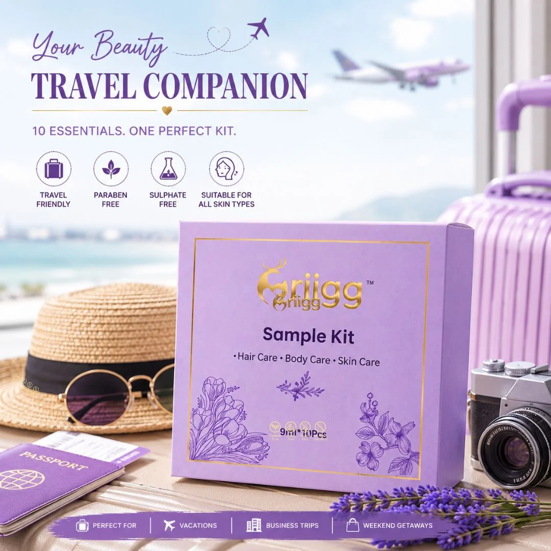 MRIIGG Hair Care, Skin Care & Body Care Sample Kit | 10-Piece Trial Pack | Includes Hair Shampoo, Conditioner, Hair Oil, Face Wash, Sunscreen, Moisturizer, Body Wash, Soap & Under Eye Cream | 9ml Each