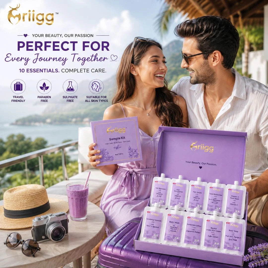 MRIIGG Hair Care, Skin Care & Body Care Sample Kit | 10-Piece Trial Pack | Includes Hair Shampoo, Conditioner, Hair Oil, Face Wash, Sunscreen, Moisturizer, Body Wash, Soap & Under Eye Cream | 9ml Each